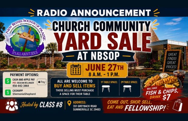 CHURCH COMMUNITY YARD SALE – New Bethel Sounds of Praise – June 27
